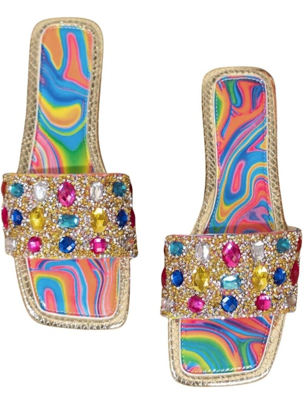 Women's Multicolor Summer Sparkly Rhinestone Bling Colorful Square Toe Flats